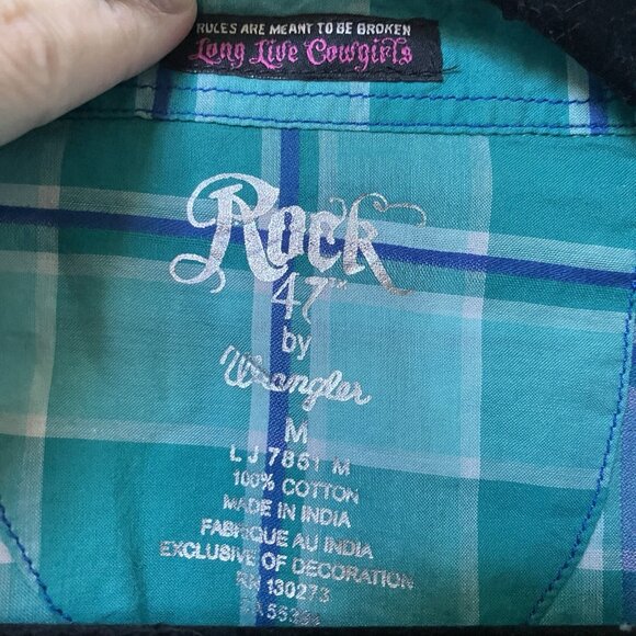 Y2K Rock 47 by Wrangler Pearl Snap Shirt Womens M Blue Plaid 2000s Western - Picture 5 of 7